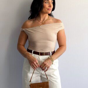 Beige Ribbed Off‑Shoulder Bardot Top – Soft Knit, Versatile & Feminine